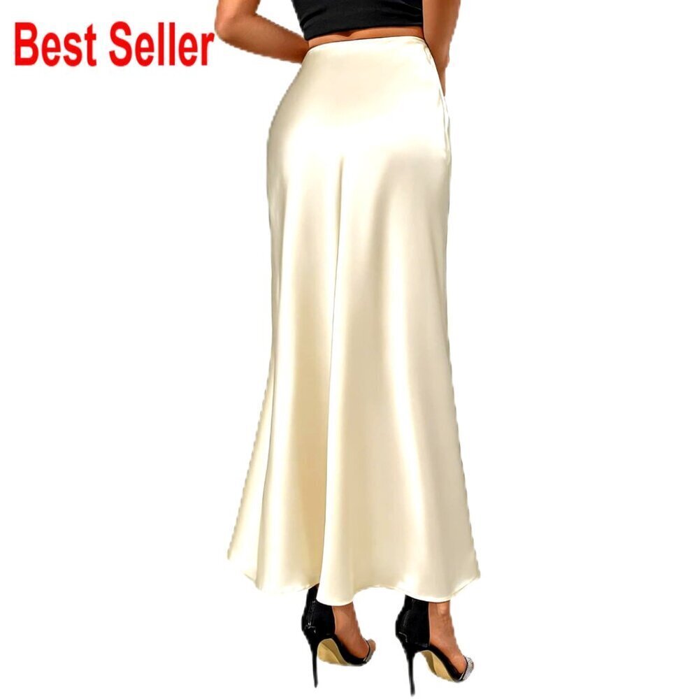 Satin Maxi Skirt High Waist A-Line Hidden Elastic Waistband Summer Casual